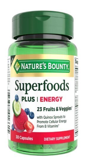 Nature's Bounty Superfoods Plus Energy has a powdered blend of 23 fruits and vegetables as well as quinoa sprouts to promote cellular energy from B vitamins – all in just one capsule per day.*