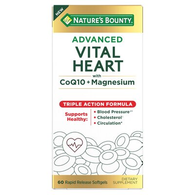 Nature's Bounty Advanced Vital Heart features a triple-action formula with clinically studied CoQ10 plus magnesium and phytosterols designed to support cholesterolǂ, blood pressure already in a normal range and circulation.*